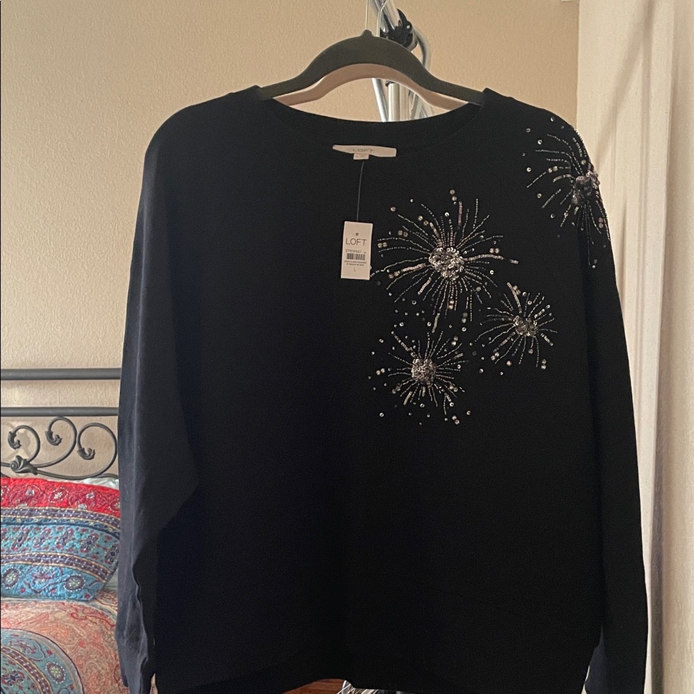 LOFT Black Sweatshirt with Sparkling Embellishments